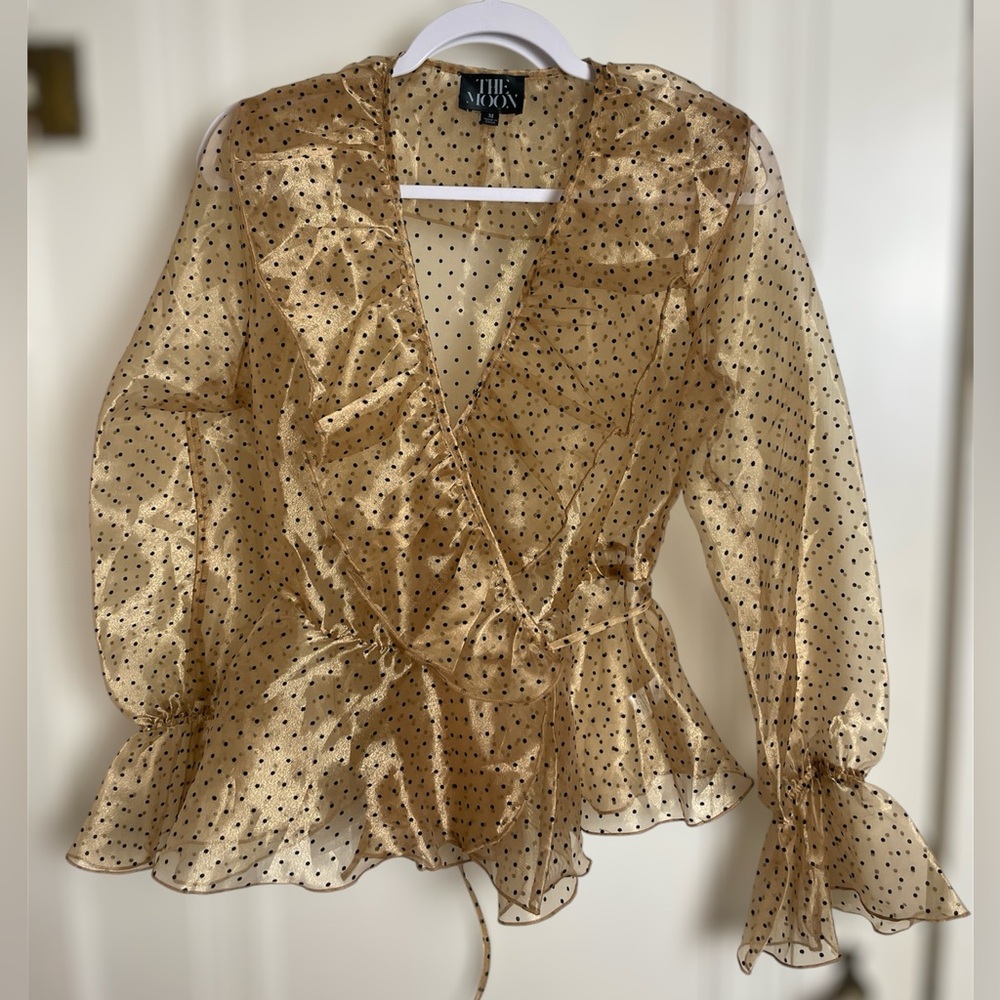 Gold and Black Polka Dot Wrap Top with Ruffled Collar and Sleeves